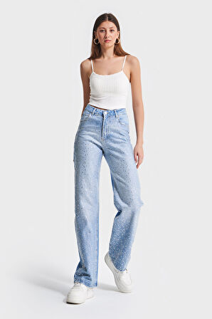 Kadın Kot Rengi T6-2S5-3 Önü Parlak Taşlı Straight Fit %100 Koton Tasarım Denim Jean