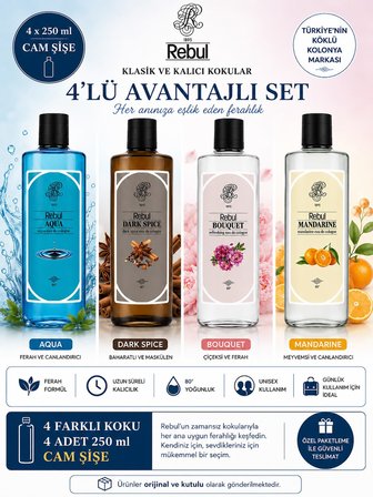 Rebul Aqua - Dark Spice - Bouquet - Mandarine 4'lü Kolonya Seti 4x250 ml Cam Şişe