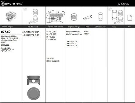 Opel Motor Piston+segmanı ( Riken )  77,60+0,50mm Cap Astra 1,4i 16v Corsa CDX 1,4i 16v Tigra1,4ı 16v X14 - Kingpiston 18-3010773