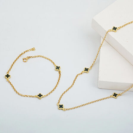 Zümrüt Yeşili Van Cleef 14 Ayar Kolye Bileklik Set