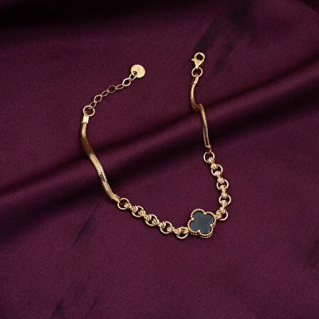 Oniks Taşlı Van Cleef 14 Ayar Altın Bileklik