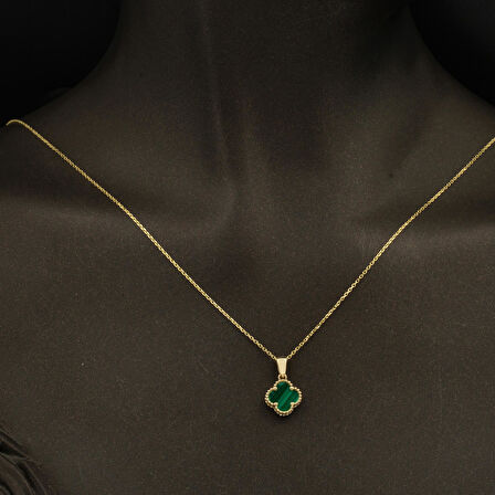 Yeşil Taşlı Yonca Altın Kolye 14 Ayar