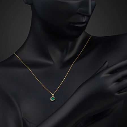 Yeşil Taşlı Yonca Altın Kolye 14 Ayar