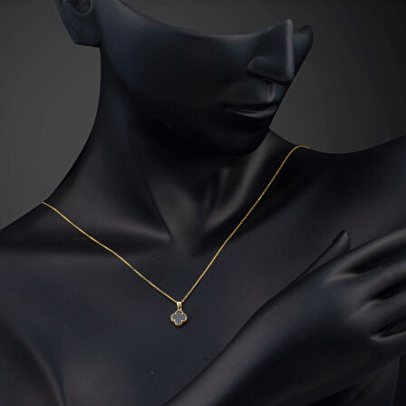 Oniks Taşlı Yonca 14 Ayar Altın Kolye