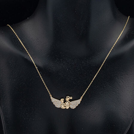 Melek Kanatlı Anne Çocuk Kolyesi 14 Ayar