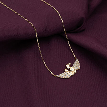 Melek Kanatlı Anne Çocuk Kolyesi 14 Ayar