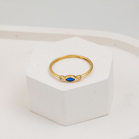 Lacivert Taşlı 14 Ayar Altın Markiz Yüzük