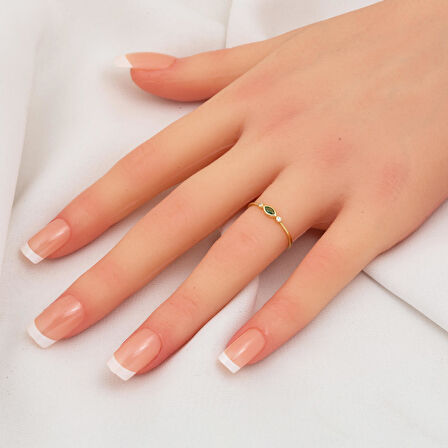 Yeşil Taşlı Markiz Yüzük 14 Ayar Altın