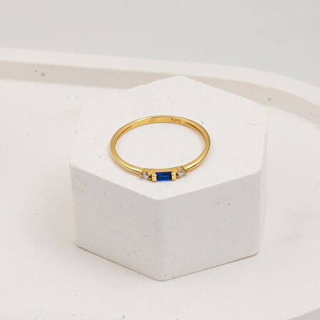 Mavi Bagetli Minimal 14 Ayar Altın Yüzük