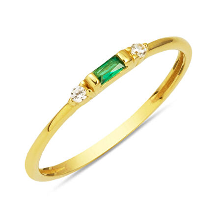 Minimal Yeşil Bagetli 14 Ayar Altın Yüzük