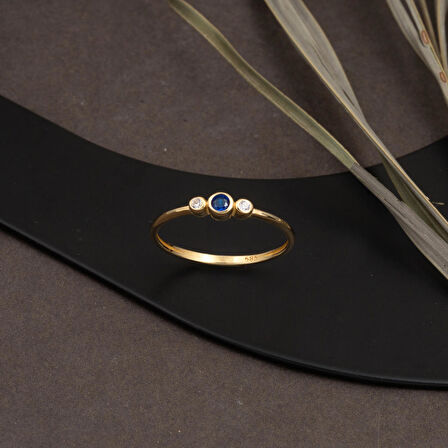 Mavi Tektaşlı Tria Altın Yüzük 14 Ayar