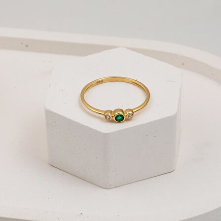 Yeşil Tektaşlı Tria 14 Ayar Altın Yüzük