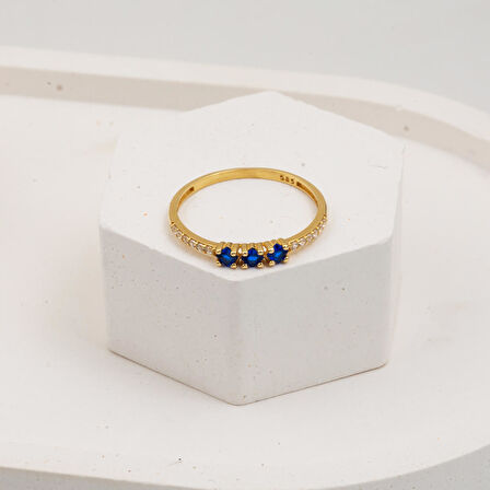 Lacivert Taşlı 14 Ayar Altın Tria Yüzük