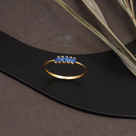 Lacivert 14 Ayar Altın Beştaş Minimal Yüzük