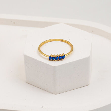 Lacivert 14 Ayar Altın Beştaş Minimal Yüzük