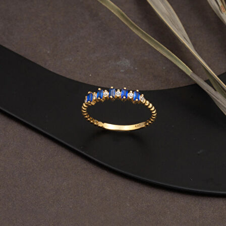 Lacivert Bagetli Altın Yüzük 14 Ayar