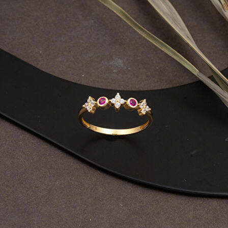 Kırmızı Taşlı Lotus 14 Ayar Altın Yüzük