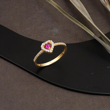 Kırmızı Kalpli 14 Ayar Altın Yüzük