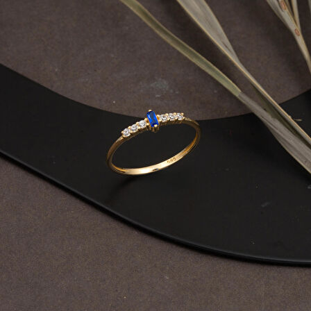 Lacivert Baget Tektaşlı 14 Ayar Altın Yüzük