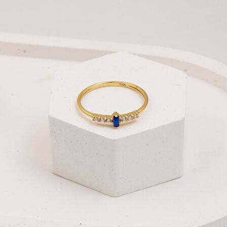 Lacivert Baget Tektaşlı 14 Ayar Altın Yüzük