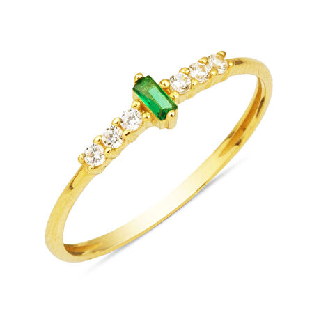 Yeşil Baget Tektaşlı 14 Ayar Altın Yüzük