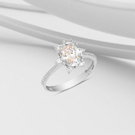 Zambak 14 Ayar Beyaz Altın Tektaş Yüzük