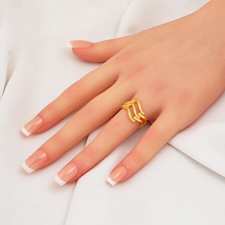 Zikzaklı 3 Sıra Kaburga 14 Ayar Altın Yüzük