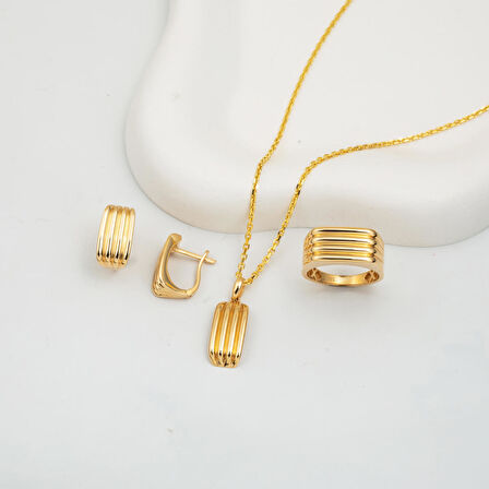 Çizgili Altın Üçlü Takı Seti 14 Ayar