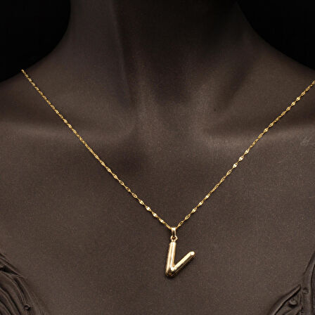 Kadın 14 Ayar Altın Balon V Harfi Kolye