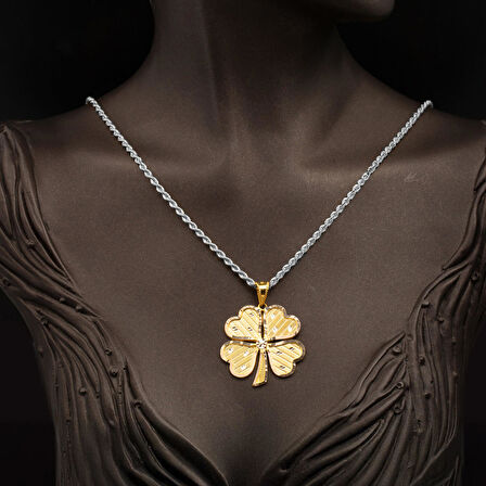 Hasır Desenli 14 Ayar Altın Yonca Kolye Ucu