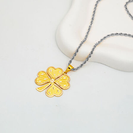 Hasır Desenli 14 Ayar Altın Yonca Kolye Ucu