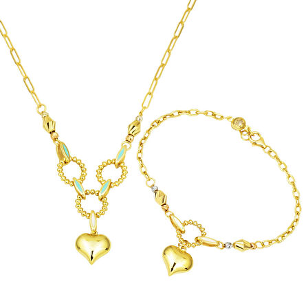Kalp Figürlü 14 Ayar Altın Kolye & Bileklik Takı Seti