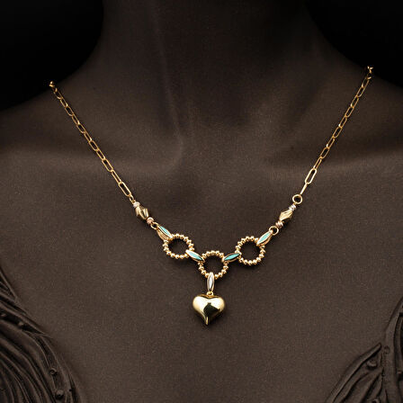 Kalp Figürlü 14 Ayar Altın Kolye & Bileklik Takı Seti