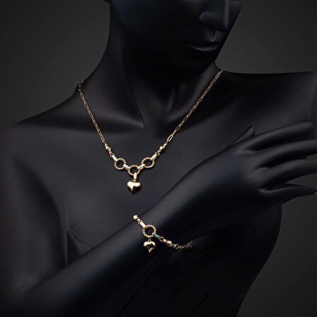 Kalp Figürlü 14 Ayar Altın Kolye & Bileklik Takı Seti