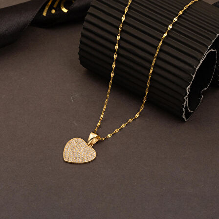 Pırıltılı Kalp 14 Ayar Altın Kolye