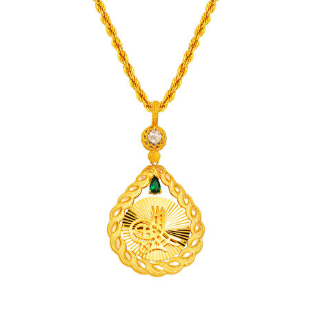 Saç Örgülü 14 Ayar Altın Tuğralı Kolye