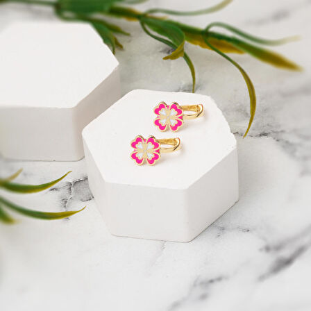 Pembe Yoncalı Çocuk Küpesi 14 Ayar Altın