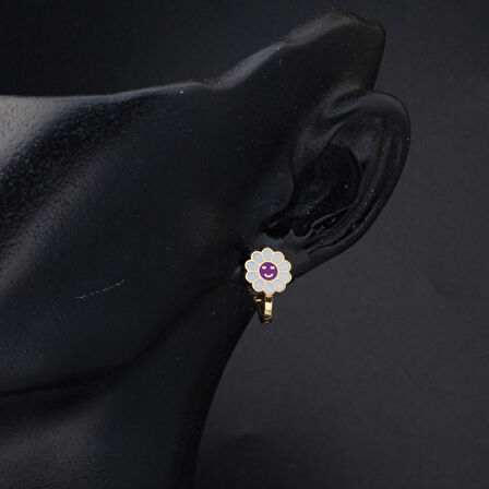 Mor Papatyalı 14 Ayar Altın Çocuk Küpesi