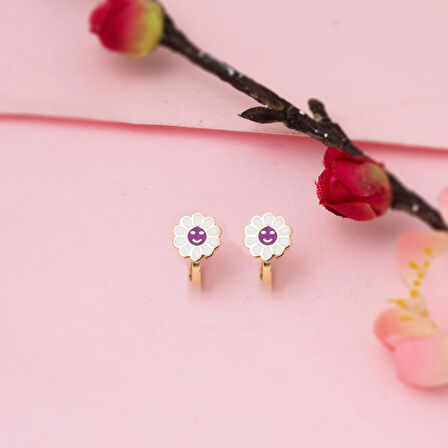 Mor Papatyalı 14 Ayar Altın Çocuk Küpesi