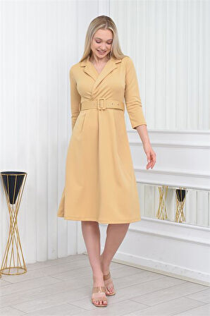 Dipmoda Kadın kemer detaylı midi boy elbise DKS016