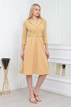 Dipmoda Kadın kemer detaylı midi boy elbise DKS016