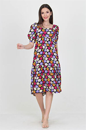 Dipmoda kadın lila kare yaka eteği fırfırlı çiçek desenli viskon elbise DP10026