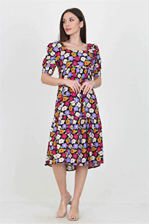 Dipmoda kadın lila kare yaka eteği fırfırlı çiçek desenli viskon elbise DP10026