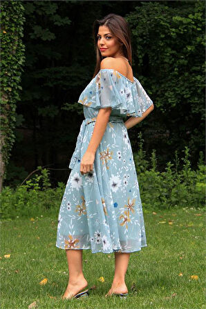 Dipmoda kadın mint yeşili kuşaklı çiçekli yazlık şifon elbise DP100371