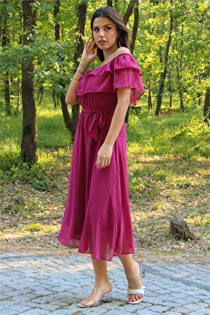 Dipmoda Kadın bağlama detaylı madonna yaka yeni sezon şifon elbise DP8060