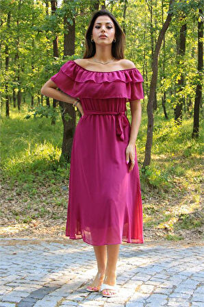 Dipmoda Kadın bağlama detaylı madonna yaka yeni sezon şifon elbise DP8060