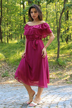 Dipmoda Kadın bağlama detaylı madonna yaka yeni sezon şifon elbise DP8060