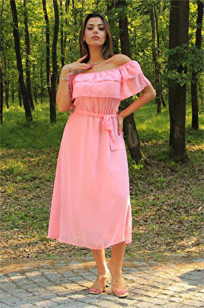 Dipmoda kadın pembe kuşaklı madonna yaka baby shower elbise DP8060