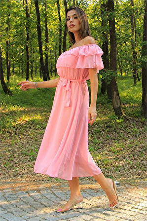 Dipmoda kadın pembe kuşaklı madonna yaka baby shower elbise DP8060