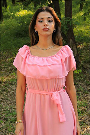 Dipmoda kadın pembe kuşaklı madonna yaka baby shower elbise DP8060